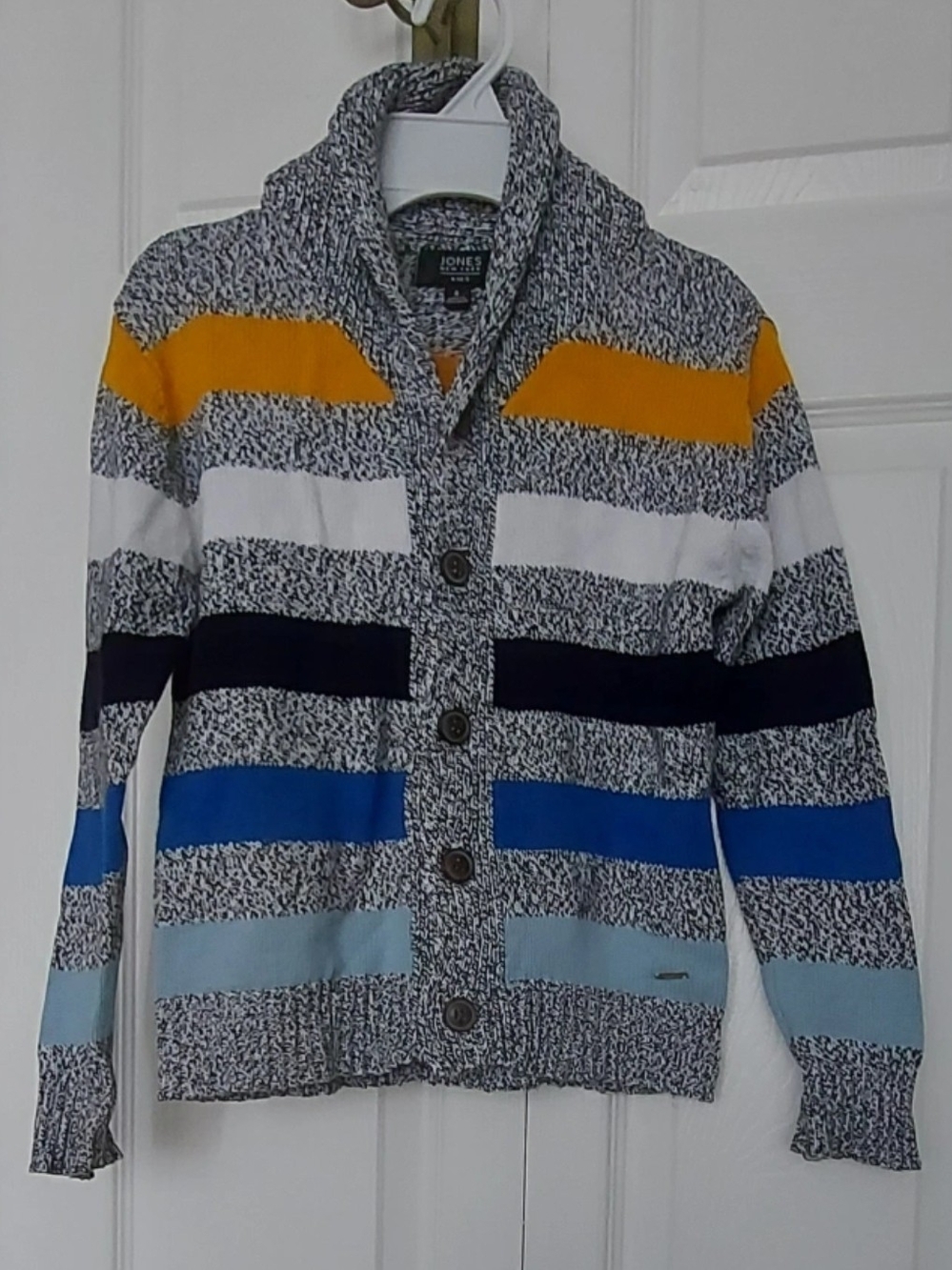 Jones New York Kid’s Shawl Cardigan in Yellow, White, Navy & Blue Stripes 8 Yr